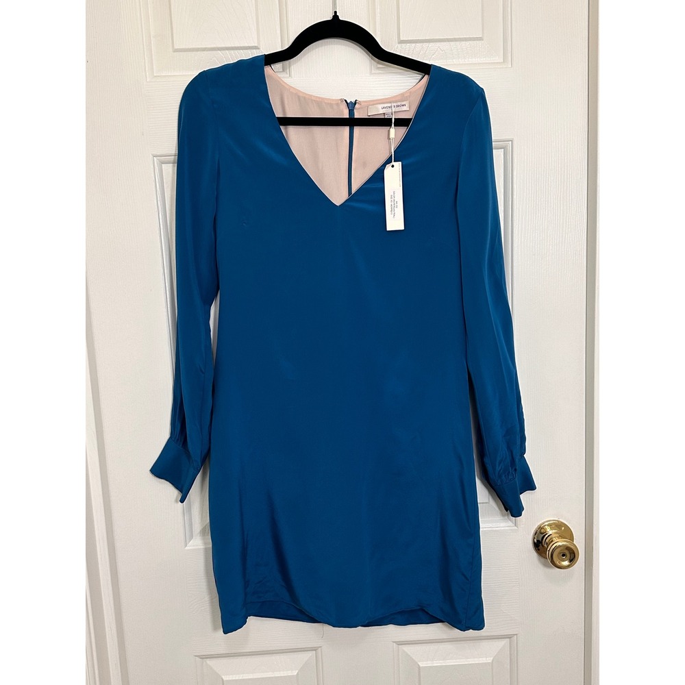 Lavender Brown Persian Teal 100% Silk V-Neck Long Sleeve Mini Dress XS NWT
